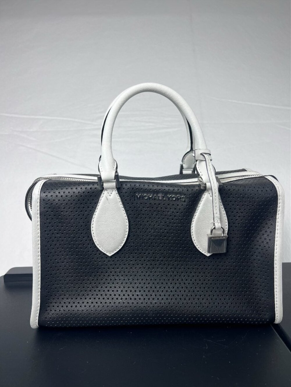 Michael Kors Black & White Perforated Leather Satchel Purse Silver Hardware - Picture 10 of 10